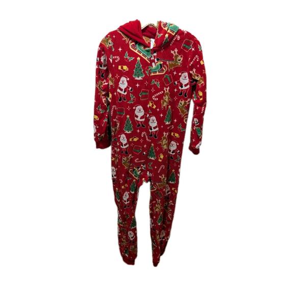 The Childrens Place Pajama Youth XL-14 Red Dear Santa Fleece One Piece Hooded - Picture 1 of 9